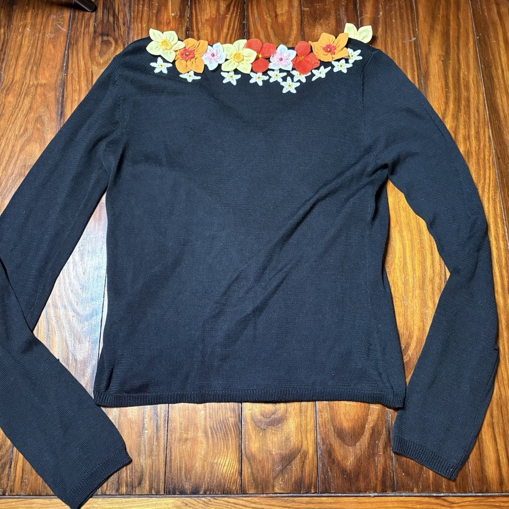 Vtg Moschino Cheap & Chic Black Floral Appliqué Pink Orange Cardigan Silk Sz 8 - Picture 11 of 13